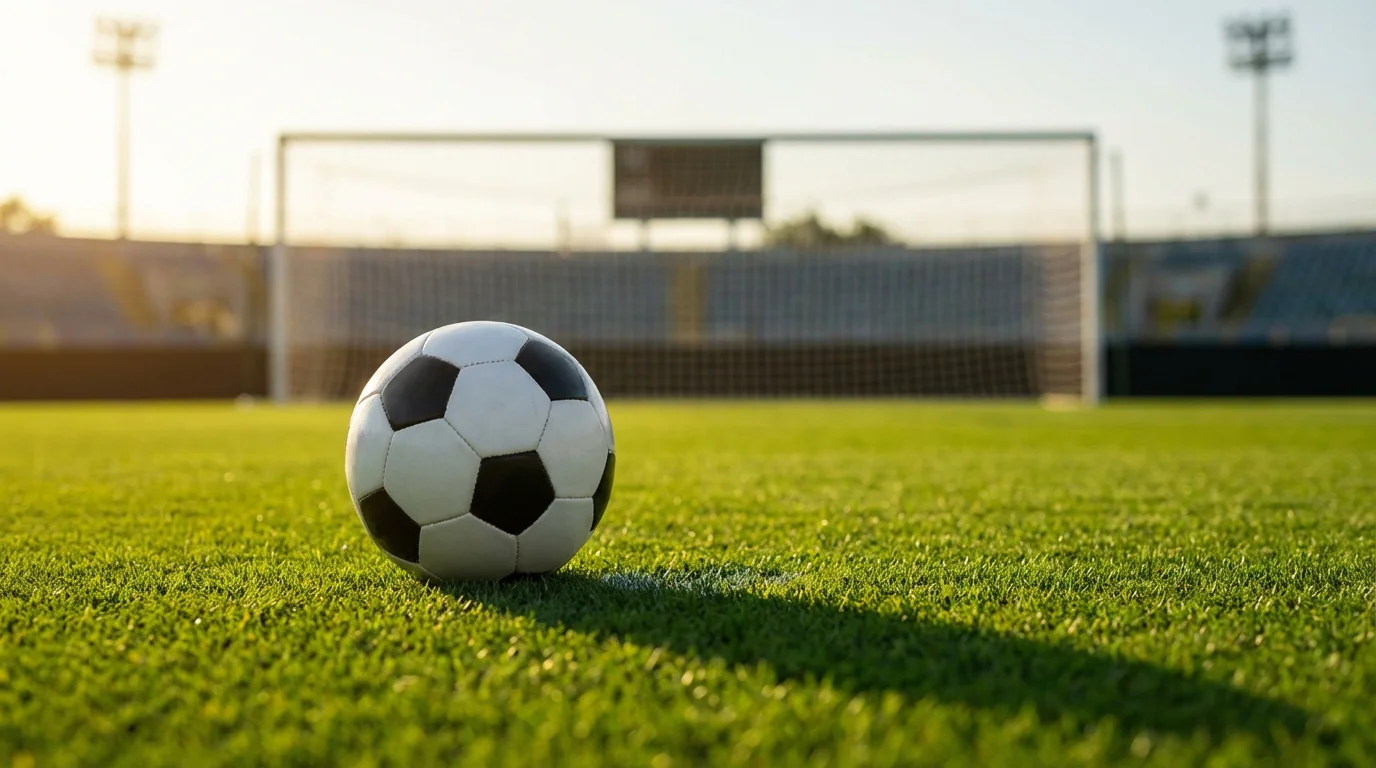 Ballon de football officiel posé sur la pelouse d'un stade moderne avec les tribunes en arrière-plan