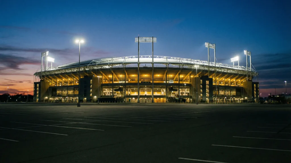 Stade de football américain illuminé de nuit avec horloge indiquant le décalage horaire CEST