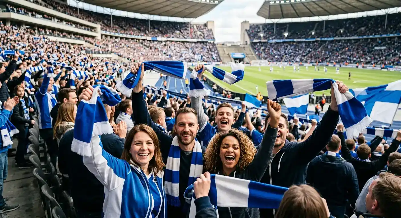 Des supporters en liesse agitent des écharpes dans les tribunes d'un stade