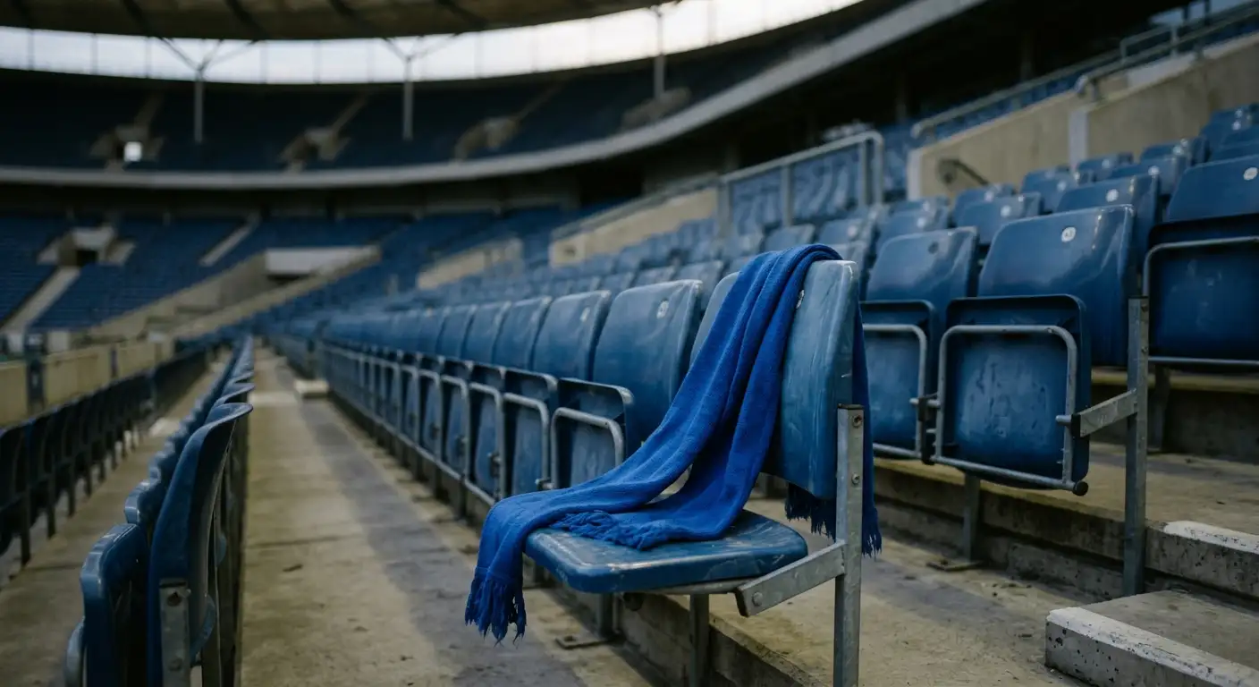 Une écharpe de supporter bleue posée sur un siège de stade vide