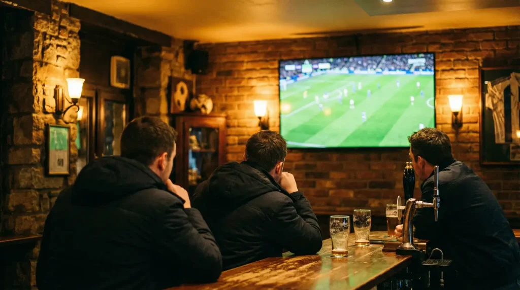 Supporter regardant un match de football sur écran dans un café luxembourgeois le soir
