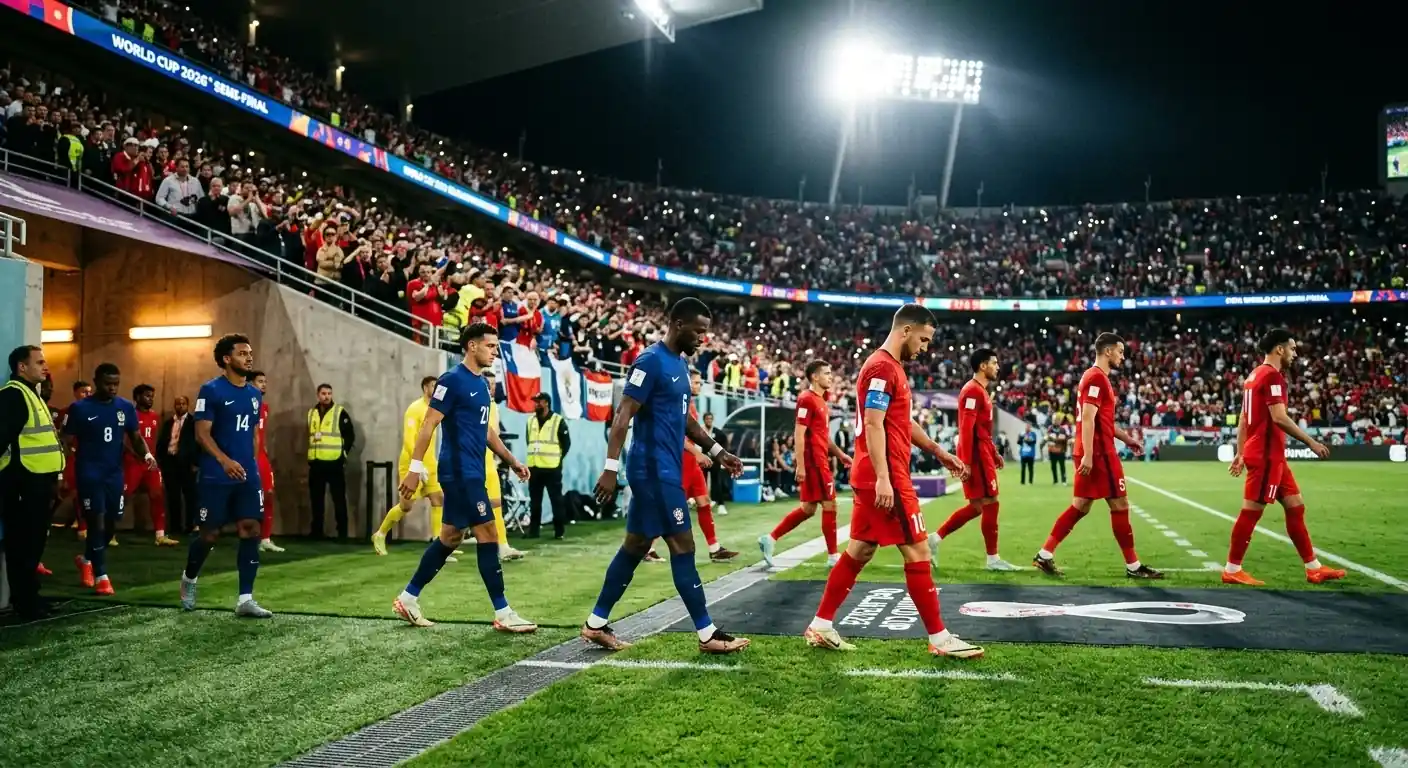 Deux équipes de football, l'une en bleu, l'autre en rouge, entrant sur une pelouse illuminée avant une grande demi-finale de Coupe du Monde 2026
