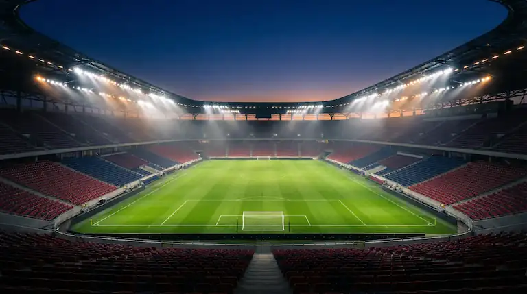 Stade de football illuminé sous les projecteurs avant un match de la Coupe du Monde 2026