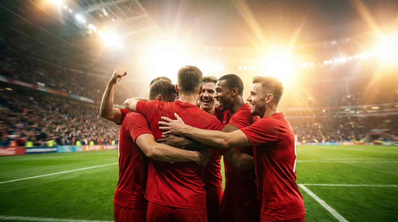 Joueurs de football célébrant un but en se serrant dans les bras sur la pelouse d'un grand stade