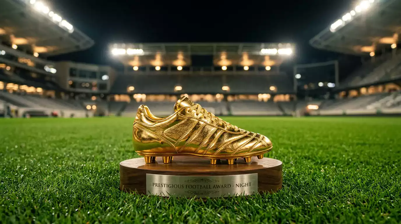 Trophée de meilleur buteur posé sur une pelouse de football sous la lumière des projecteurs