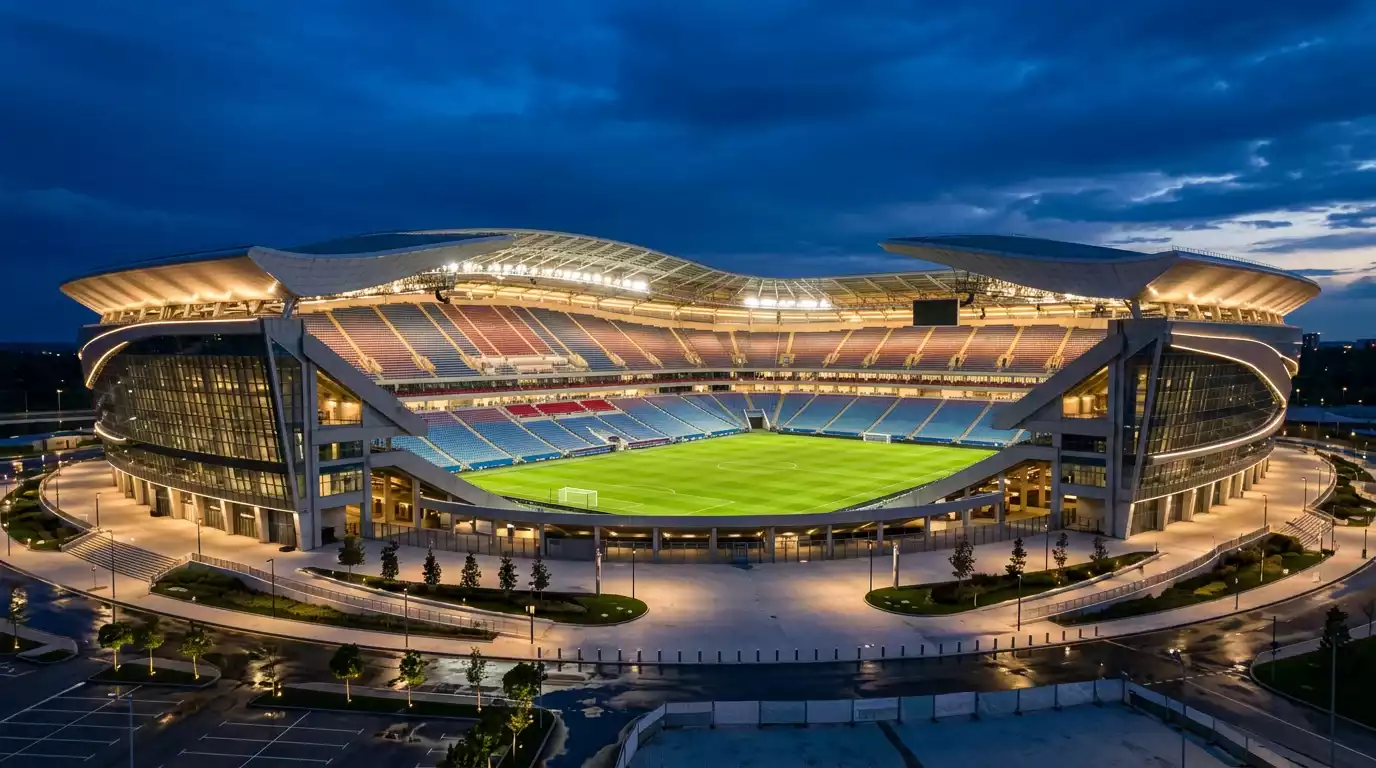 Plan large d'un stade de football illuminé en début de soirée avant un match de Coupe du Monde 2026