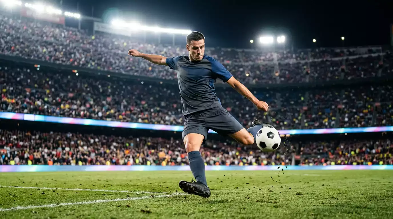 Joueur de football frappant le ballon lors d'un match international en soirée, projecteurs du stade en arrière-plan