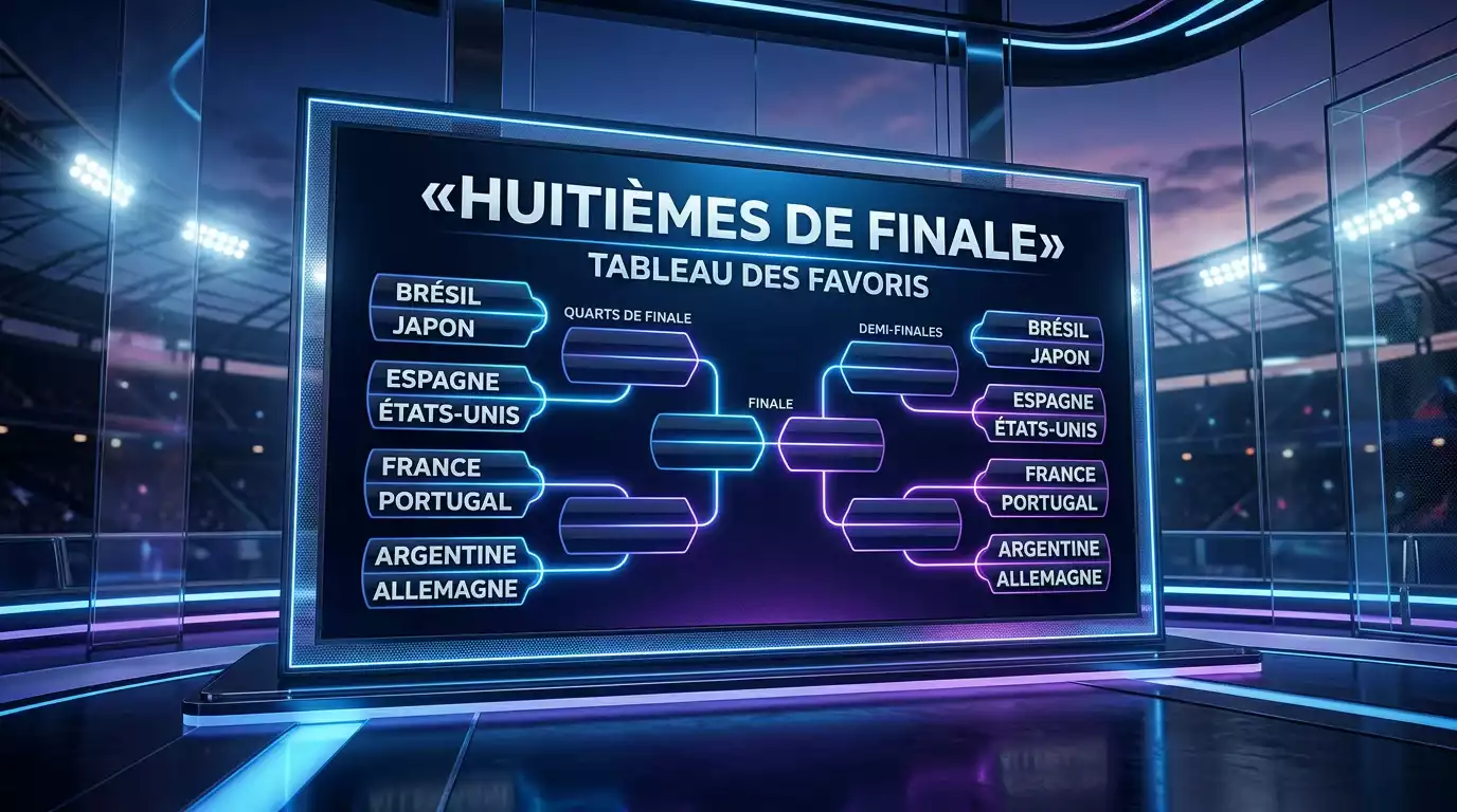 Illustration d'un tableau de phase à élimination directe de Coupe du Monde avec projecteurs de stade