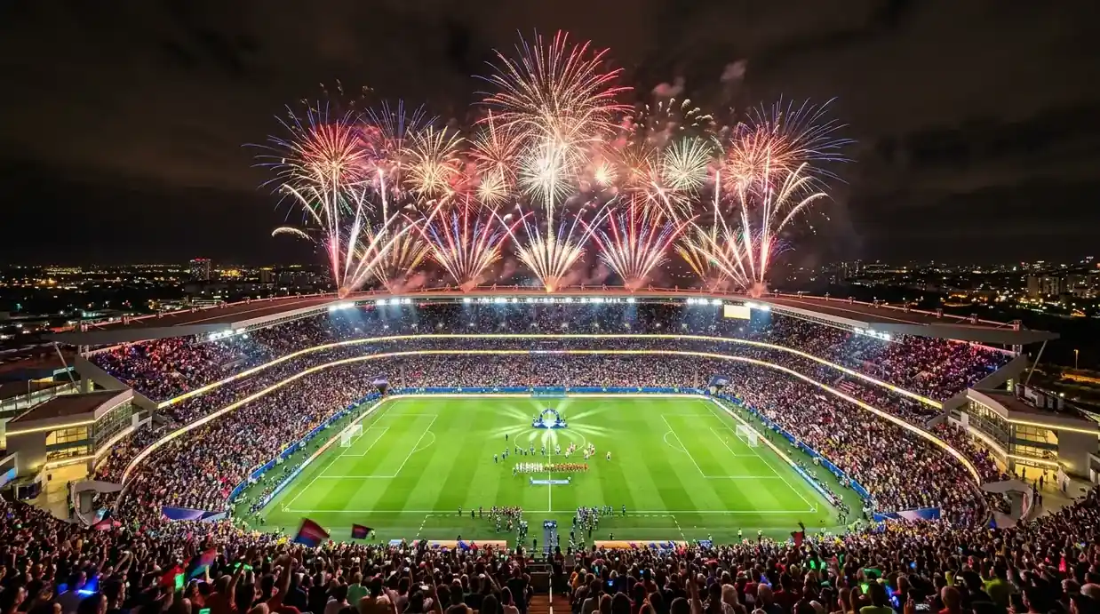 Feux d'artifice au-dessus d'un grand stade de football illuminé la nuit, tribunes bondées et pelouse verte au centre