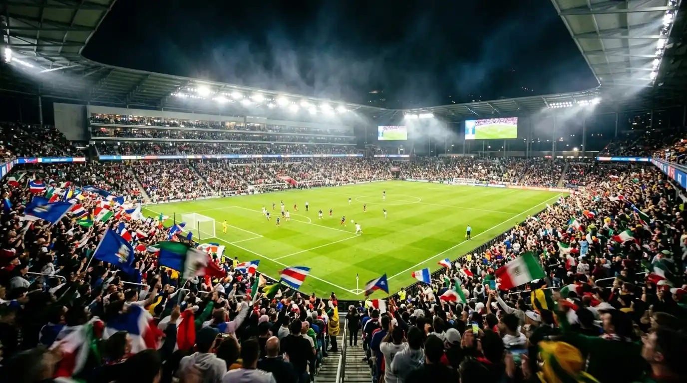 Un stade nord-américain illuminé de nuit pendant un quart de finale de la Coupe du Monde 2026, tribunes combles agitant des drapeaux