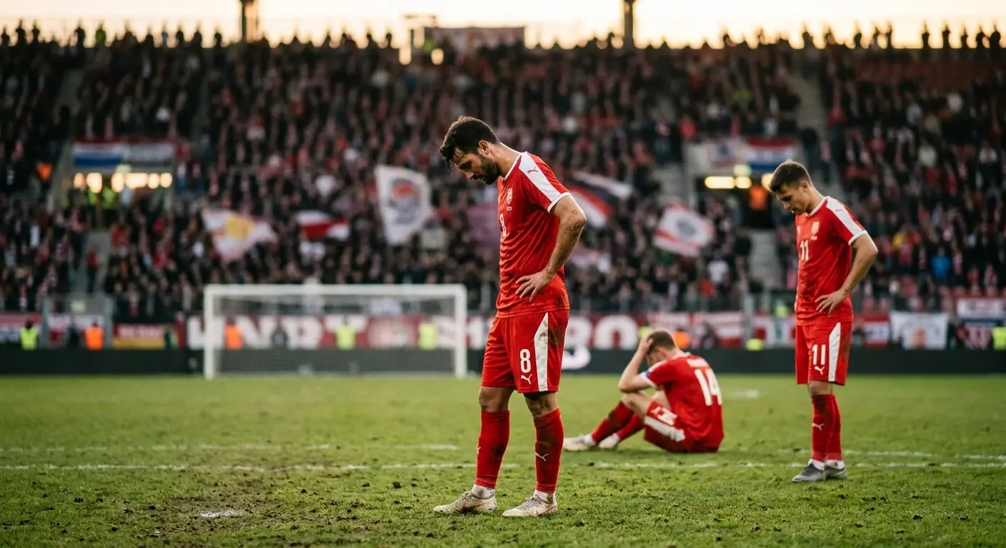 Des joueurs belges en rouge, abattus sur la pelouse après leur élimination en quart de finale du Mondial 2026