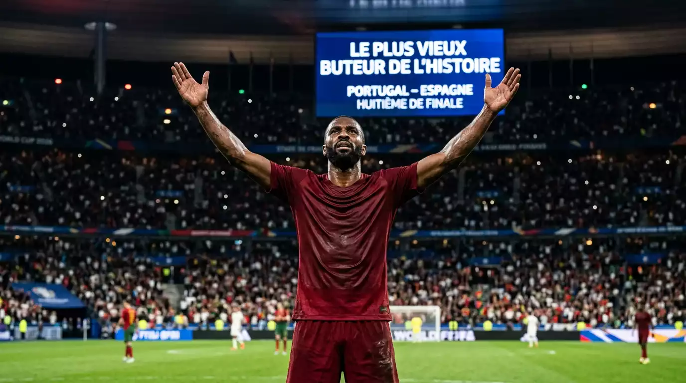 Un footballeur vétéran lève les bras au ciel pour célébrer un but décisif dans un stade illuminé au Mondial 2026