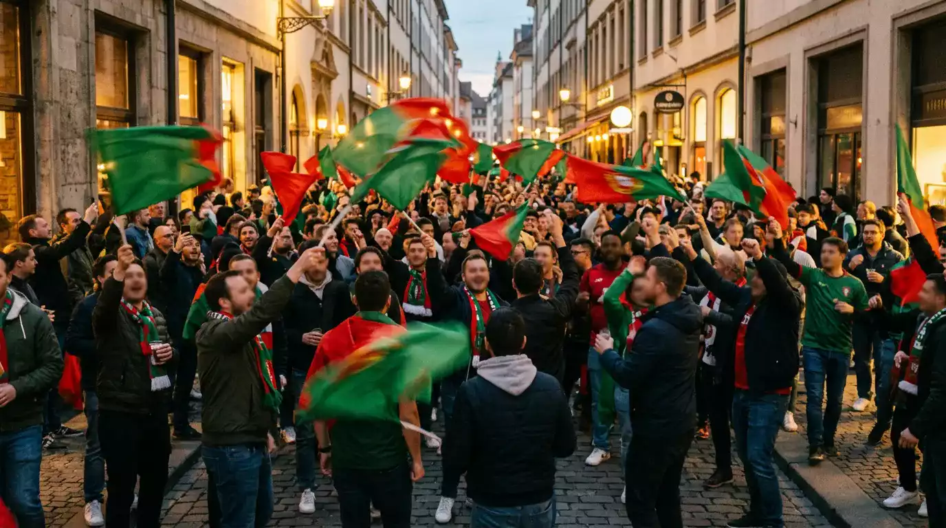 Supporters portugais agitant des drapeaux verts et rouges dans une rue européenne un soir de match