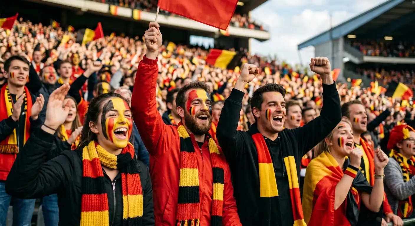 Supporters belges aux couleurs rouge, jaune et noir suivant un match de football avec ferveur