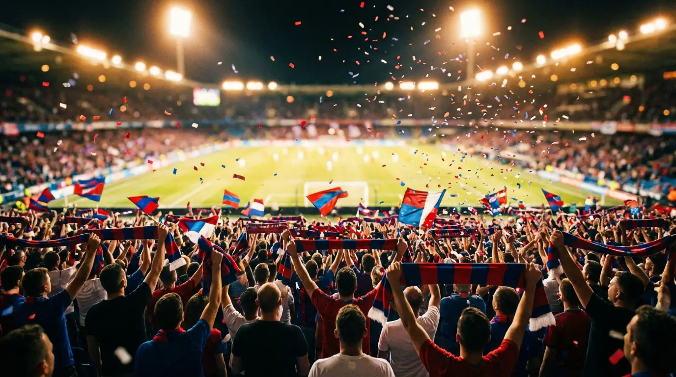Supporters enthousiastes dans les tribunes d'un stade de football agitant des drapeaux
